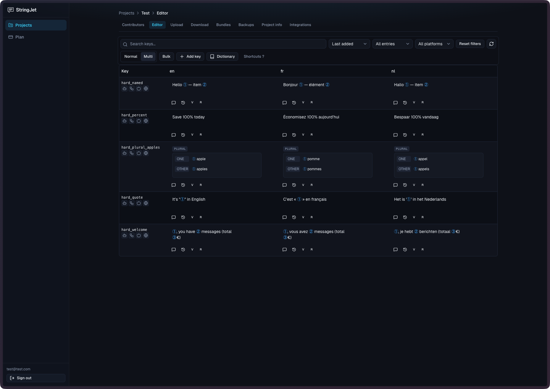 StringJet web editor — keys, locales, and translation table